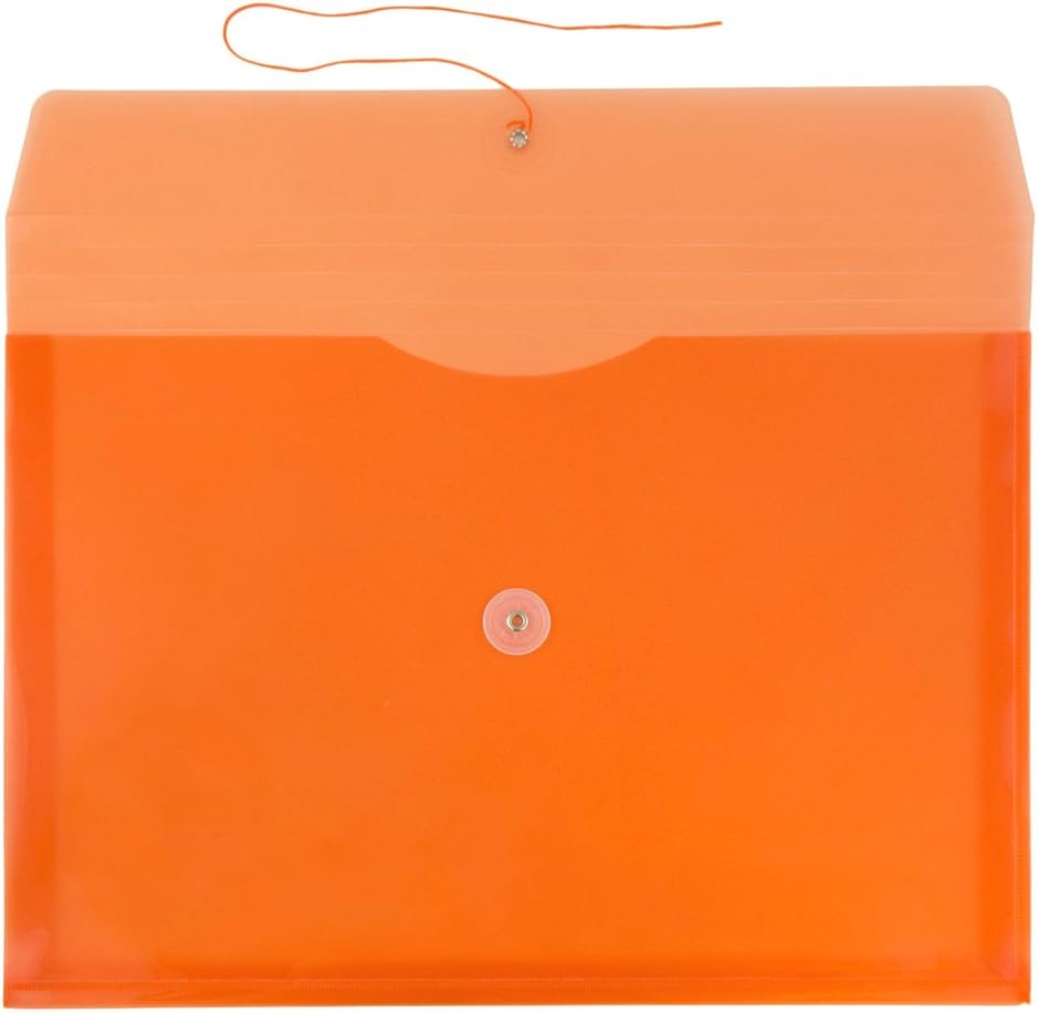 JAM PAPER Plastic Envelopes with Button & String Tie Closure - Letter Booklet - 9 3/4 x 13 - Orange - 12/Pack