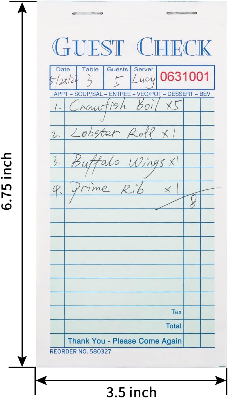 Guest Checks Server Note Pads 300 Sheets with Carbonless Copy Paper for Restaurants (6 Books) 3.5" x 6.75" Per Ticket Book