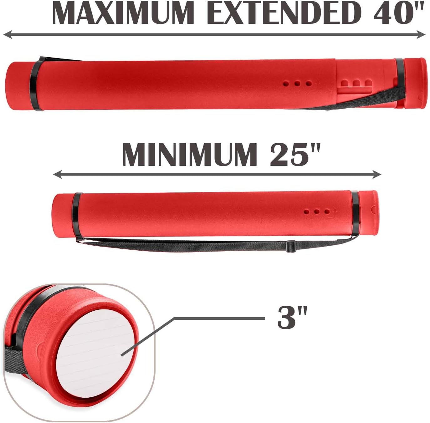 JJRING Red Poster Tube, 25" to 40" Extendable Poster Storage Holder Tube with Carrying Strap, Poster Carrying Case for Blueprints, Scrolls, Maps and Architect Papers