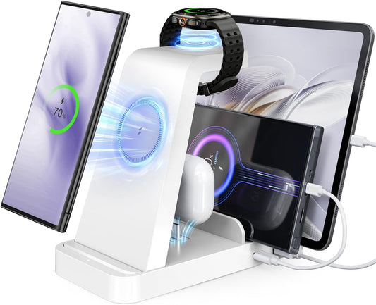 5 in 1 Wireless Charger for Samsung, Wireless Charging Station for Multiple Devices, Fast Charger Stand for Samsung Galaxy S25 Ultra S24 S23 S22 S20 Note 20 10 Z Fold 7 6 Galaxy Watch 7 6 5 Buds,White