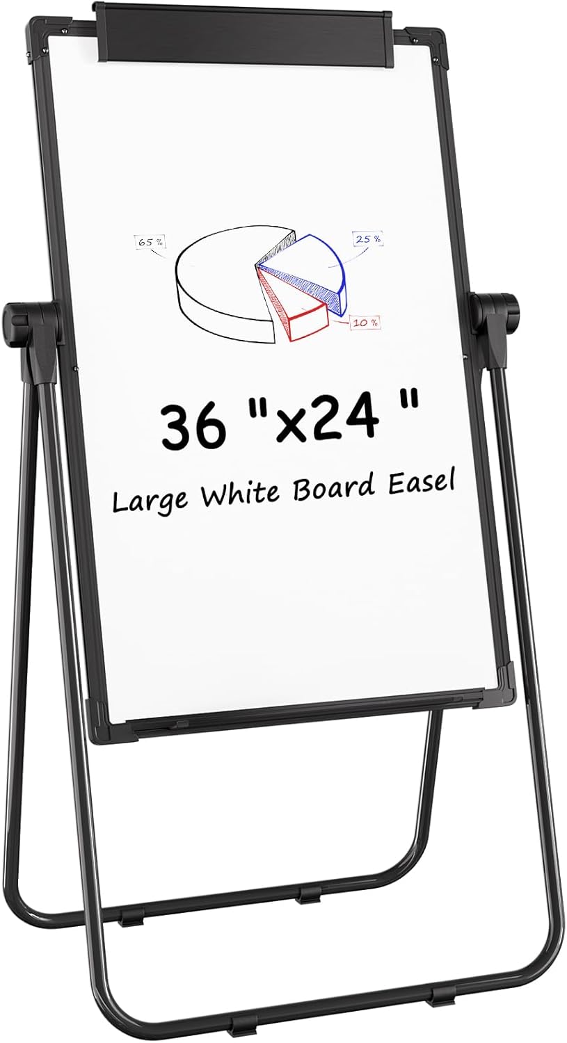 MaxGear Large White Board Easel Stand, 36" x 24" Black Double Sided Magnetic Dry Erase Board for School Classroom, Home Office Stand Flip Chart, Height Adjustable 360 Degree Rotating Whiteboard