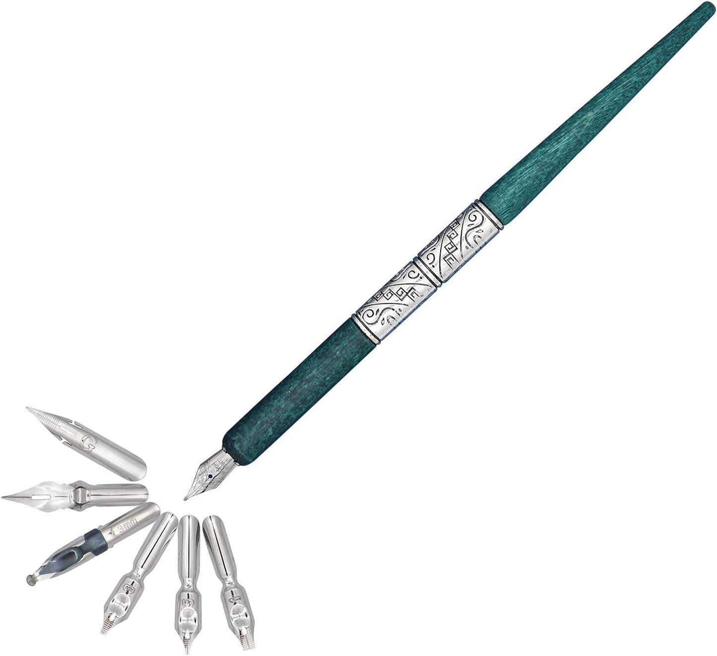 Gullor Wooden Dip Pen Calligraphy Set with Black Ink & 6 Nibs for Beginners, Kids, Writing, Signatures and Drawing, Ancient Silver