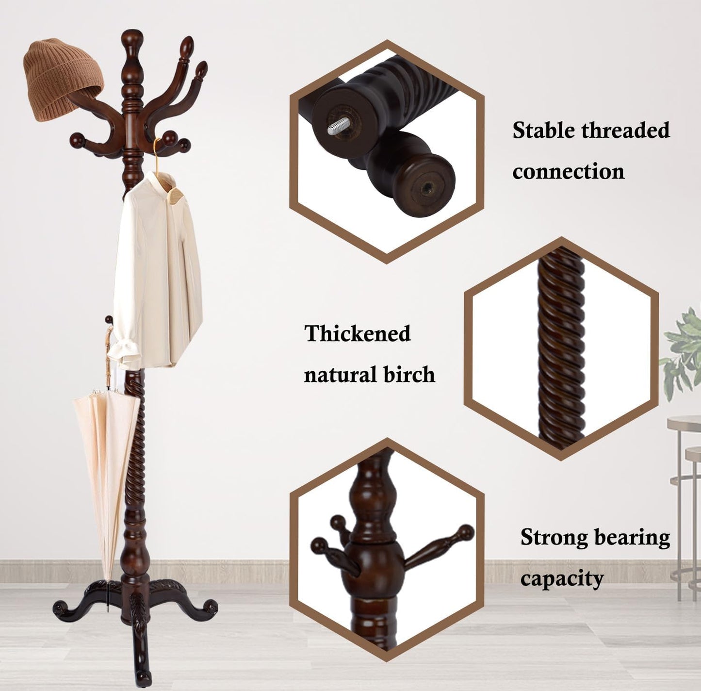 Coat Rack Stand, Solid Wooden Coat Tree with 11 Hooks, Heavy Duty Coat Rack Freestanding with Sturdy Round Base, Natural Birch Wood Coat Hanger Stand for Entryway Bedroom (triangles)