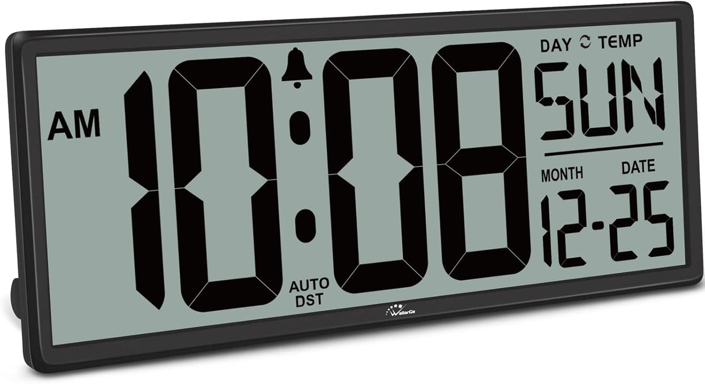 WallarGe 14.5'' Large Digital Wall Clock Battery Operated with Jumbo Numbers, Temperature and Date - Easy to Read and Set, Auto DST