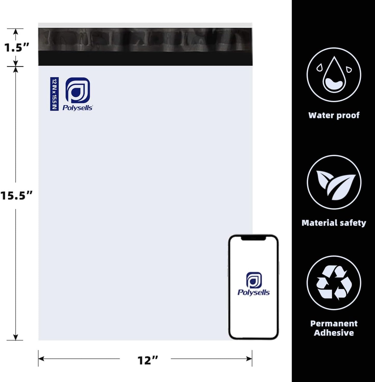 POLYSELLS 100 Pack 12x15.5 Inch White Poly Mailers Shipping Envelopes, Strong Adhesive Sealing, Waterproof, and Tear-resistant Postal Mailing Bags for Clothing, Books, and Accessories