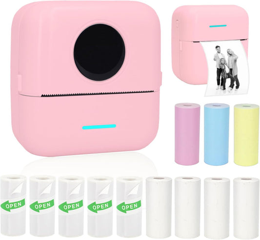 Mini Portable Printer, Inkless Sticker Printer with 12 Rolls Paper, Thermal for Notes/Photos/Stickers/Labels/Receipts, Compatible with iPhone, Android Phone & Tablet, Pink