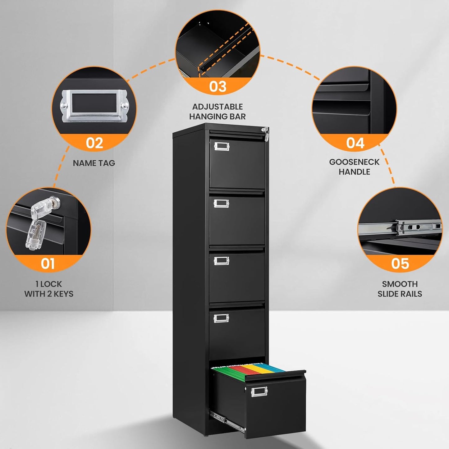 5 Drawer File Cabinet with Lock, Metal Filing Cabinets for Home Office, Vertical Black Locking File Caninet, Steel Narrow Five Drawer File Cabnet for Letter/Legal / A4 / B4- Assembly Required