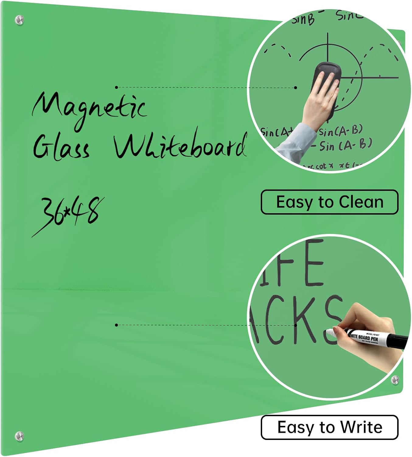 Magnetic Glass Dry Erase Board - White Board 48 x 36 Inch Wall Mounted Glass Whiteboard, Large Frameless Glass White Board for Wall Office, Home & School, Green