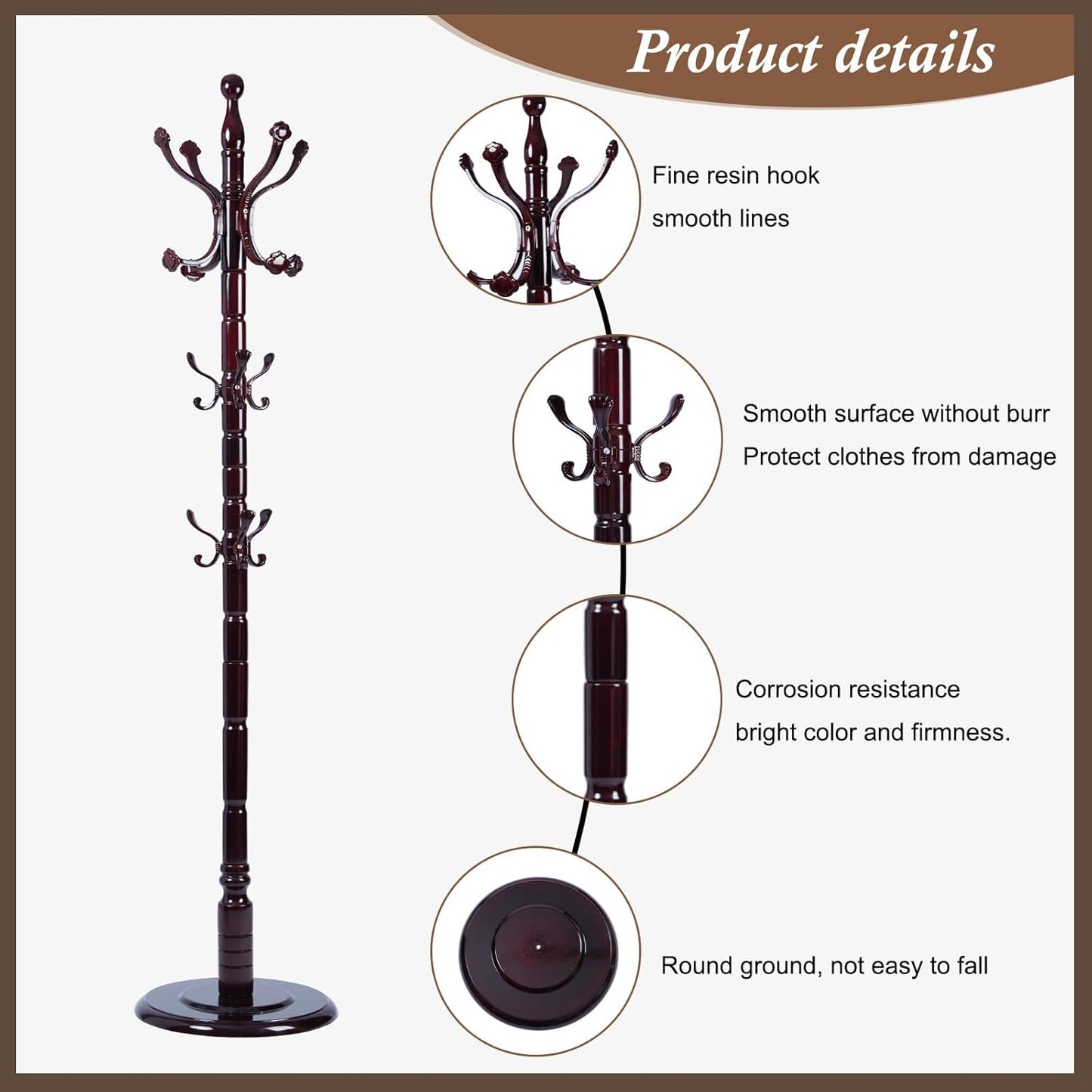 Wooden Coat Rack Freestanding, Vintage Coat Racks with Sturdy Round Base, Adjustable Height 37.40"-72.83" Entrance Coat Rack for Bedroom Living Room Entryway (Rosewood Ruyi Hook)