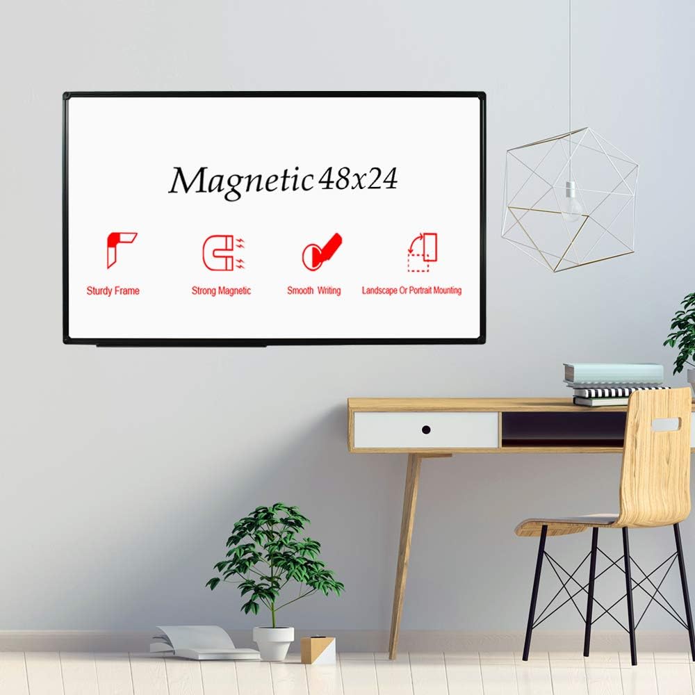 JILoffice Magnetic Whiteboard/White Board, Dry Erase Board 48 x 24 Inch, Black Aluminum Frame Wall Mounted Board for Office Home and School
