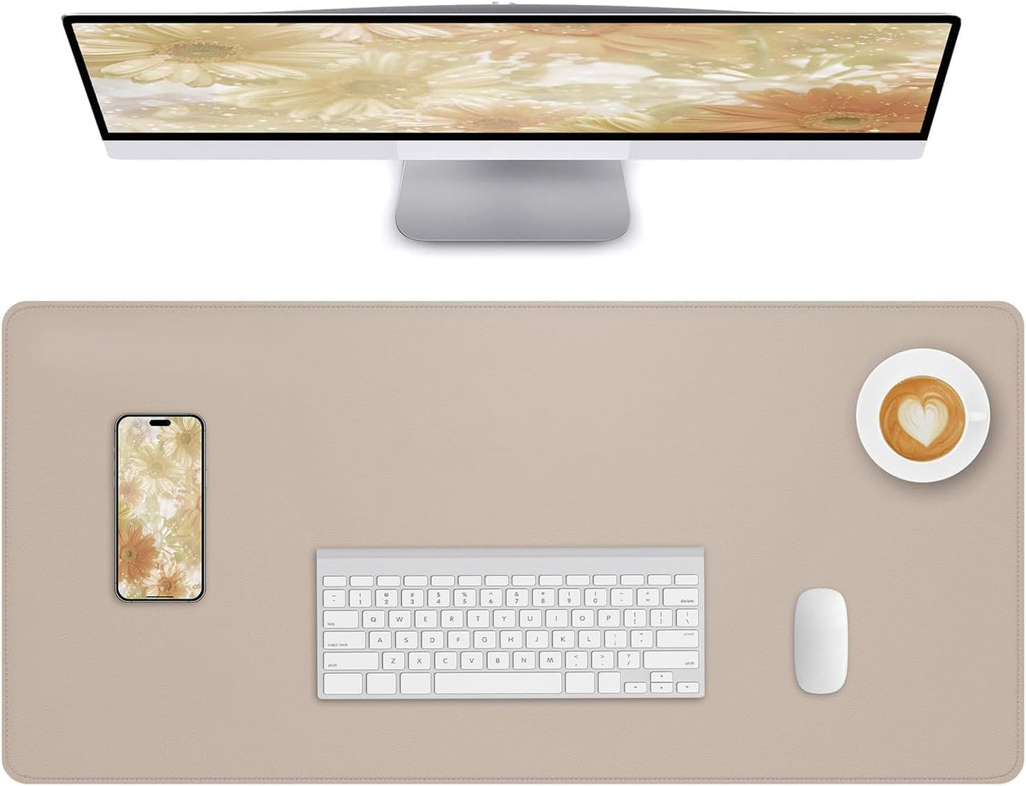 Leather Desk Pad Protector Large Mouse Pad, Stitched Locking Edge Laptop Computer Desk Mat Blotter, Non-Slip Waterproof Durable Writing Pad for Office and Home (Beige, 80 x 40cm)