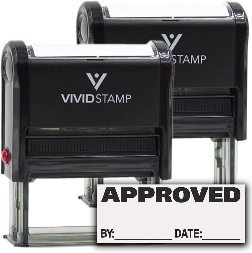 Approved w/by Date Line Self-Inking Office Rubber Stamp (Black) - Medium 2 Pack