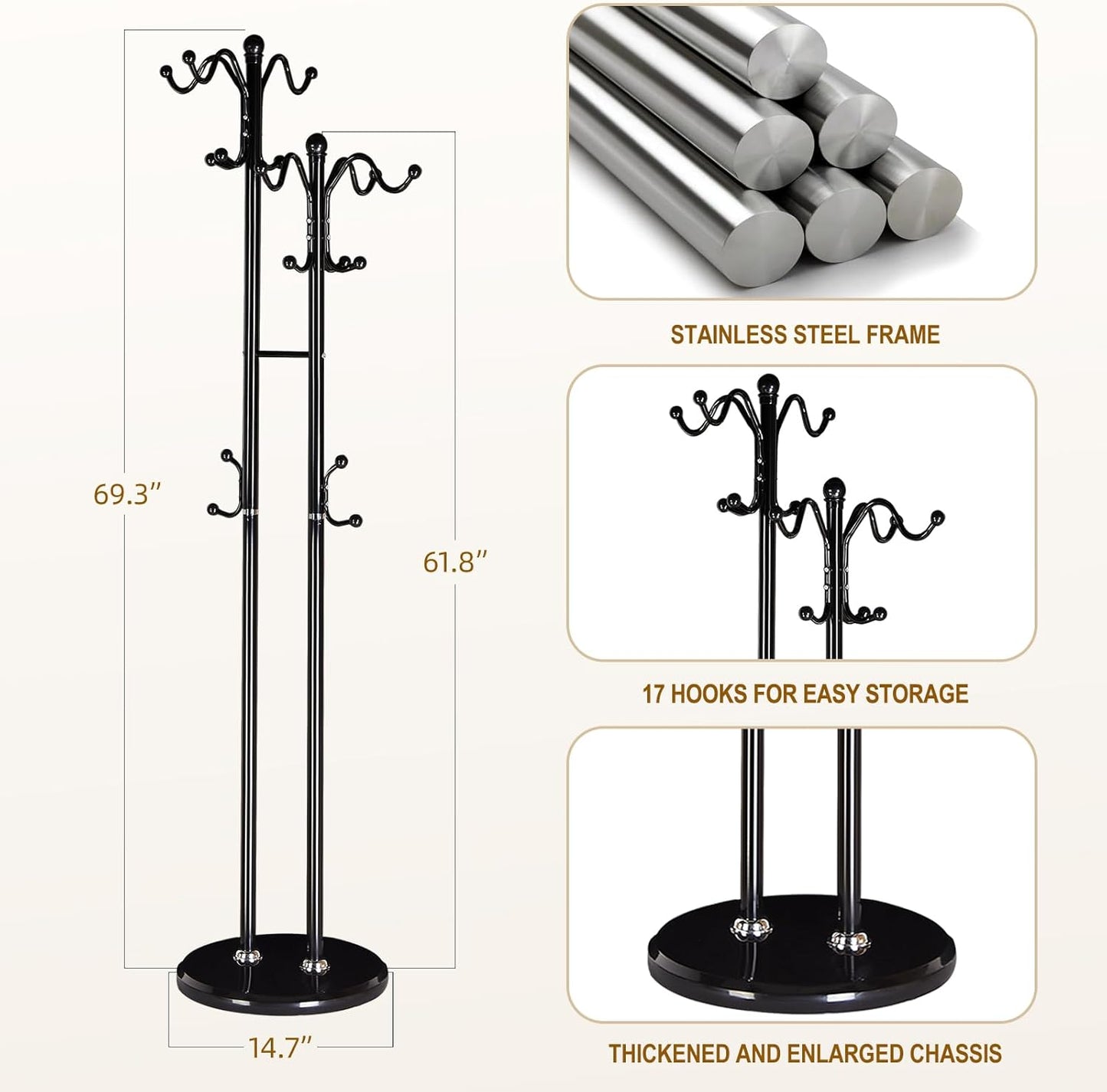 Coat Rack with Natural Marble Base, Metal Modern Coat Racks Freestanding, Coat Rack Stand with 12 Hooks, Coat Tree Hats Hanger Stand for Entryway, Hallway (17 Hooks-Black)