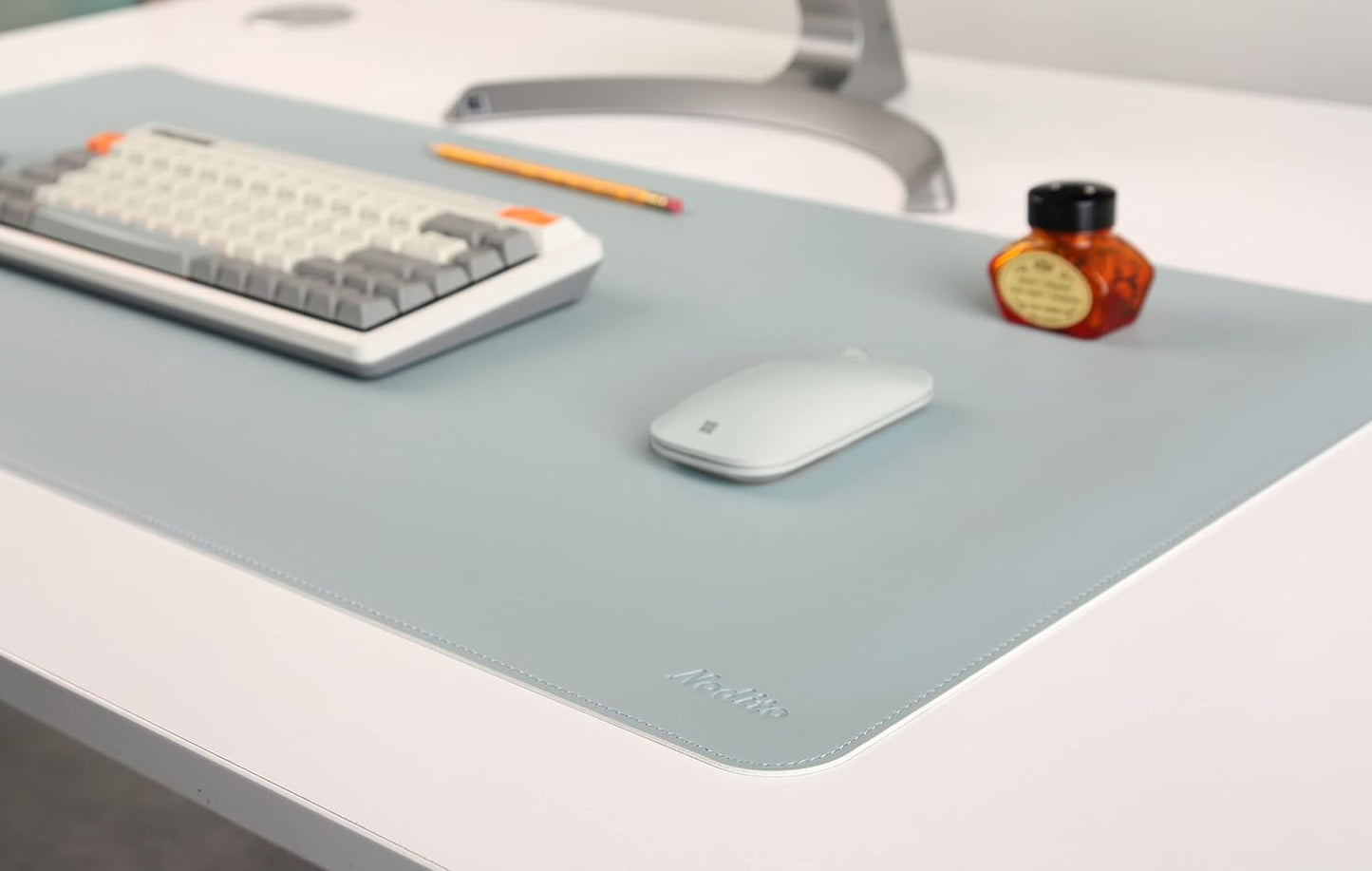 DeskPaw Dual-Sided Leather Desk Pad,Blotter for Laptop Computer,Mouse Pad,Writing,Drawing,Arts and Craft Mat (Blue/Silver, 17" x35”)