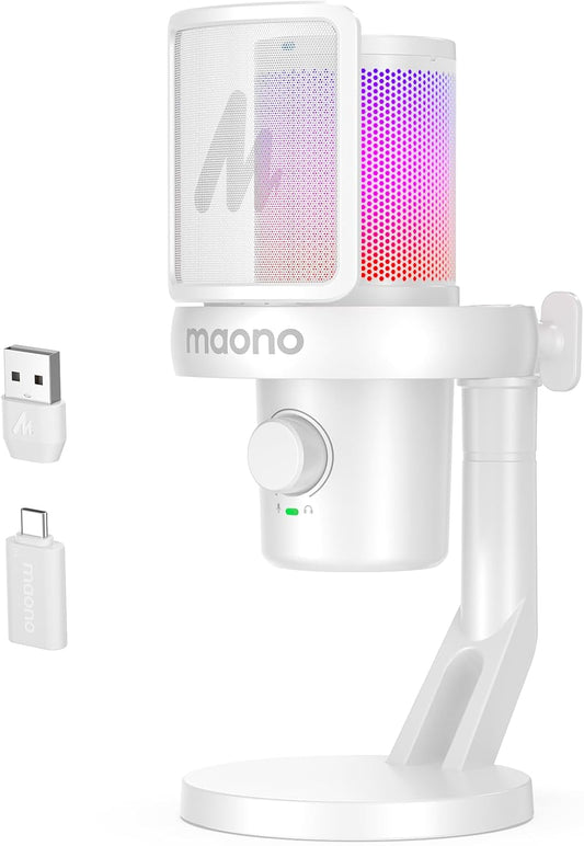 MAONO Wireless Microphone for PC,Gaming Streaming USB Mic with Software AI Voice Change,3-Level Noise Cancellation,Custom EQ,Gain Control for Computer Podcast Recording (DM40 AI Mic, DM40-White)