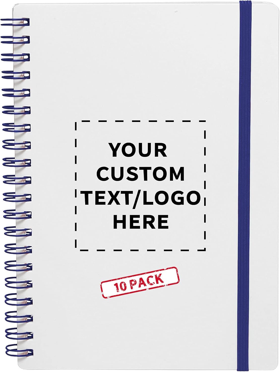 10 White Spiral Notebooks with Elastic Band Pack - Customizable Text, Logo - 80 lined pages, Recycled - Blue
