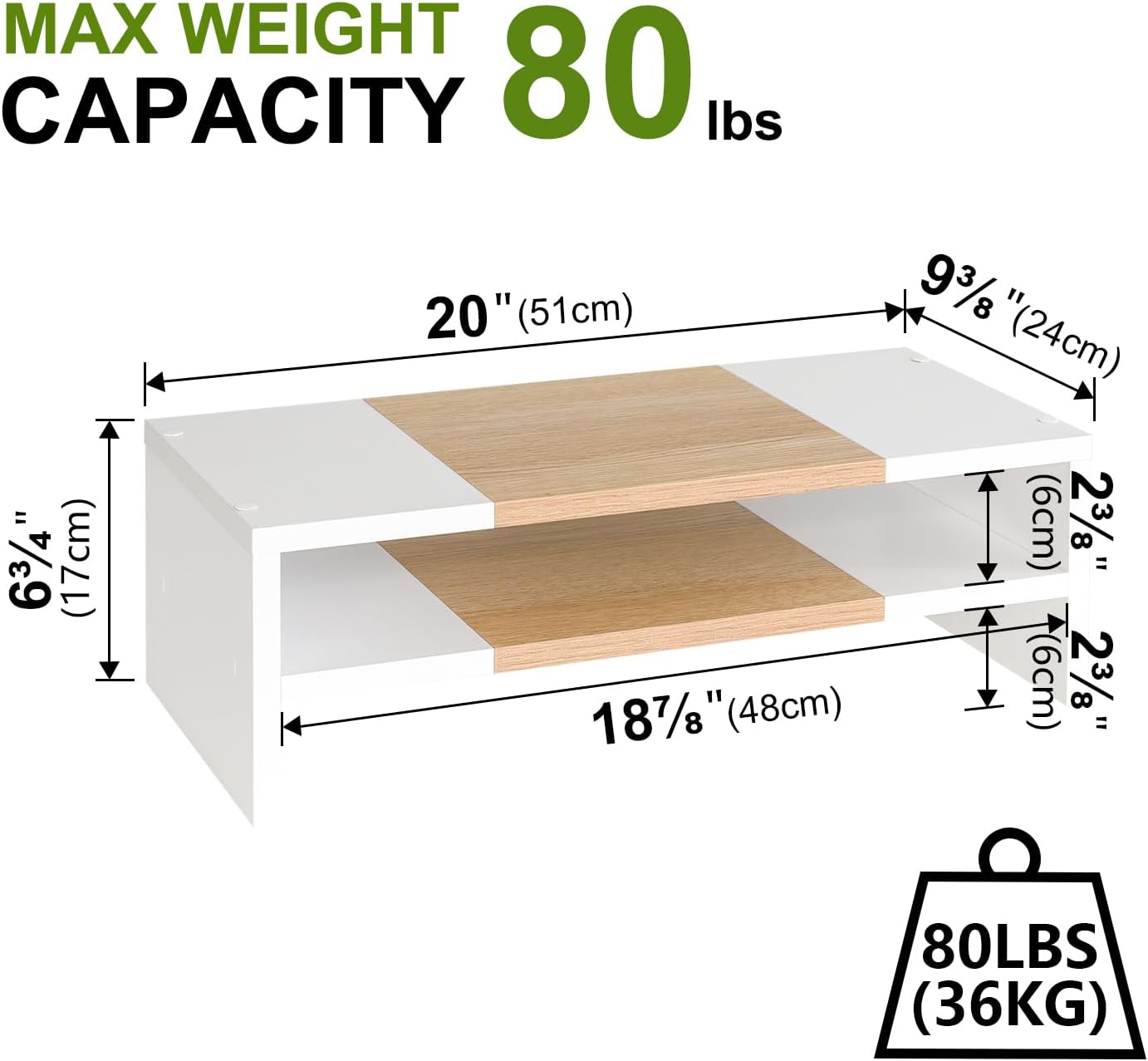 TEAMIX 2 Tiers Desktop Monitor Stand Riser 20 Inch Printer Stand with Storage Small TV Riser Laptop Wooden Desk Organizer Shelf Bookshelf Maple (White+Maple, 2 Tiers)