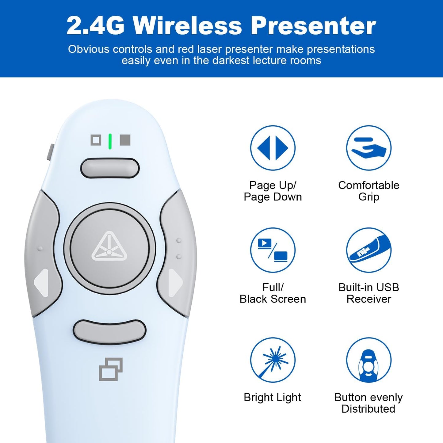QUI Presentation Clicker Wireless Presenter Remote Clicker for PowerPoint Presentation Remote, PowerPoint Slide Advancer for Mac/Windows/Linux, Google Slide/PPT/Keynote, Type-c Blue