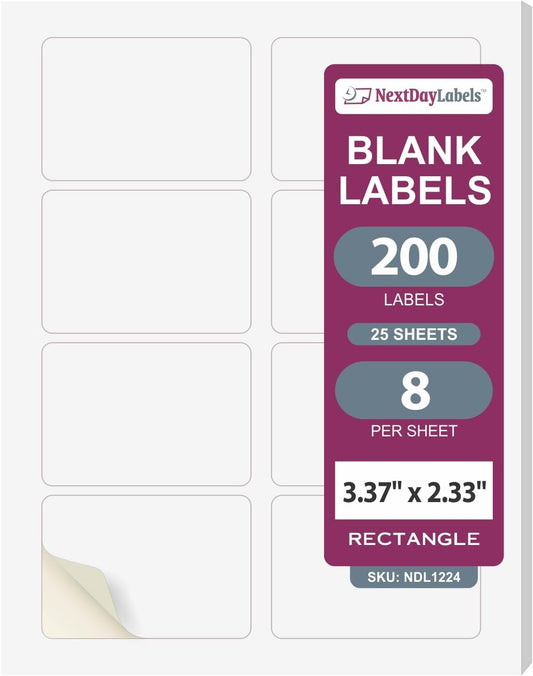 NextDayLabels – 3-3/8" x 2-1/3" Rectangular Sticker Labels for Printer - White Laser/Inkjet Printer Labels Return Address Labels Shipping Label Stickers (25 Sheets, 8 Per Sheet, 200 Labels)