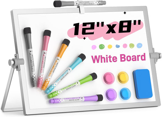Grtard Magnetic Dry Erase White Board with Stand, 12''x8'' Double-Sided White Board for Kids, Desktop Whiteboard with Stand, Magnetic WhiteBoard Portable, Dry Erase Board for Kids, ToDo, Drawing