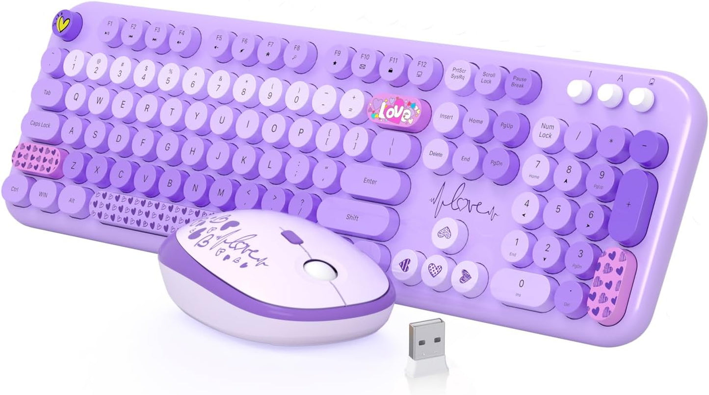 MOFII Keyboard and Mouse Wireless, 104 Round Keys Lovely Full-Size Cute Colorful Keyboard and Mouse with Retro Typewriter for PC/Mac/Laptop/Tablet/Computer/Windows Purple