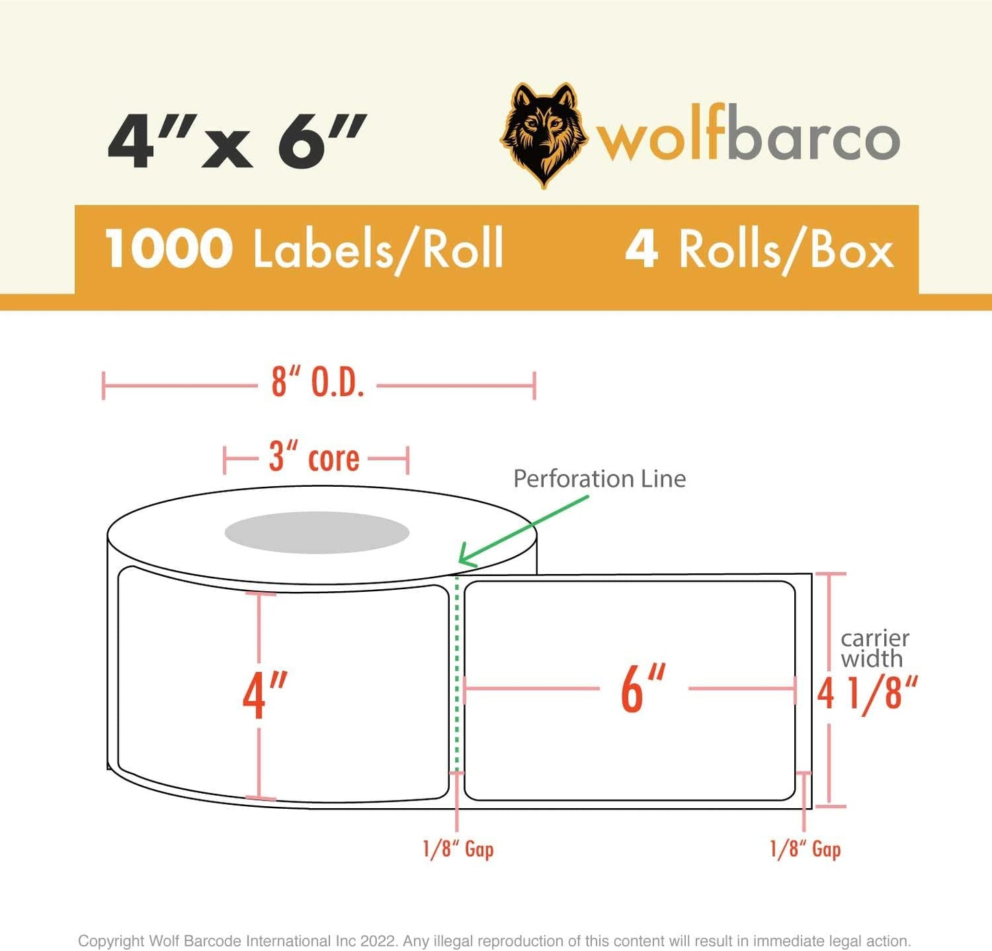 Direct Thermal Paper Label/IndustrialGrade 4" x 6", with Perforation, 3" Core, 8" OD,1000 Pcs/Roll (4Roll/Box) - Green