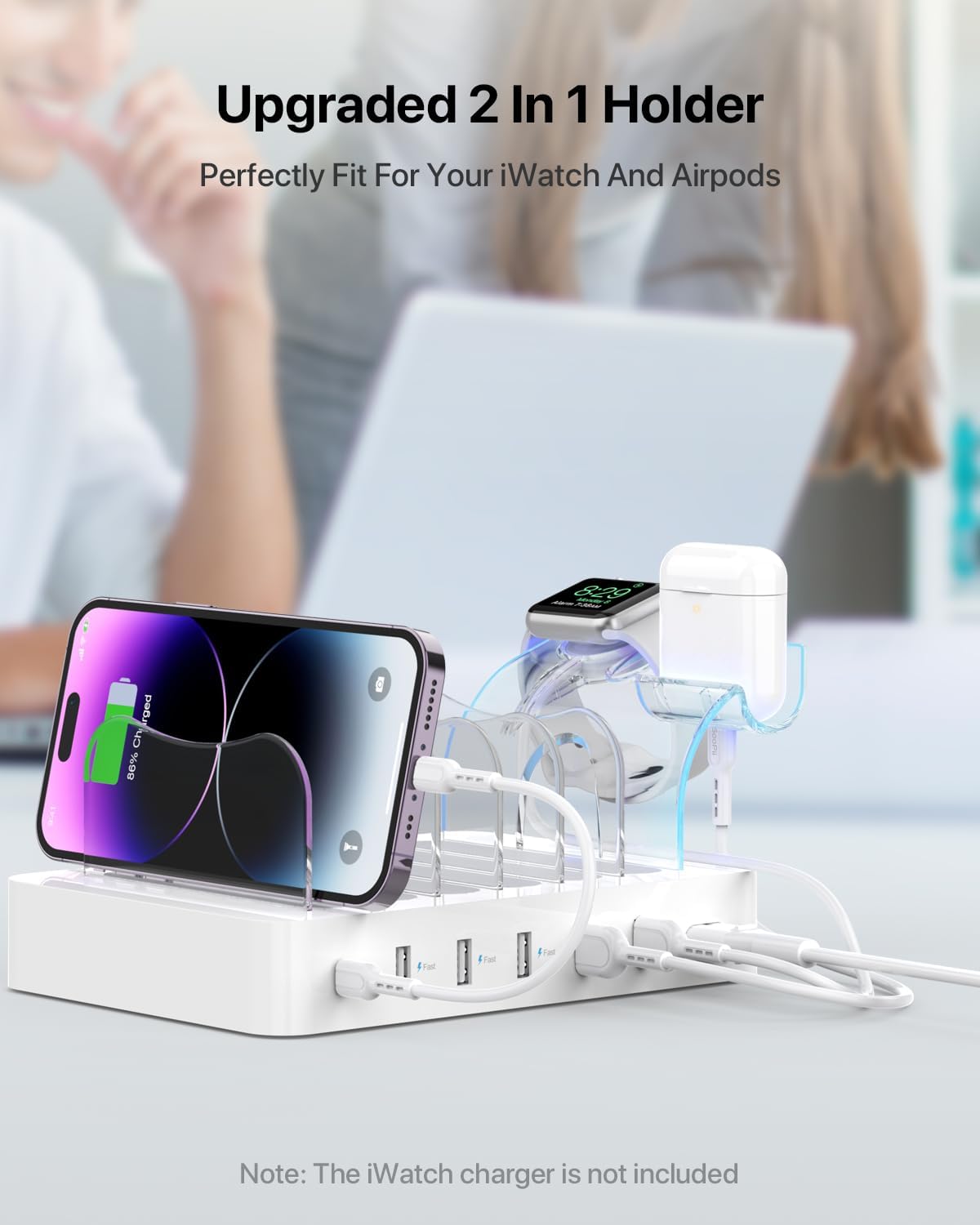 SooPii 60W 6-Port Charging Station for Multiple Devices, PD 20W USB C Fast Charging for lPhone 14/13/12,6 Short Cables Included, 2 in 1 Holder,for Phones,Tablets and Others,White