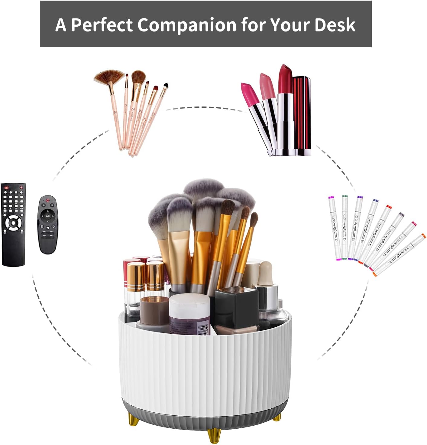 Marbrasse Desk Organizer, 360-Degree Rotating Pen Holder, Desk Organizers and Accessories with 5 Compartments Pencil Holder, Art Supply Storage Box Caddy for Office, Home (White+Grey)