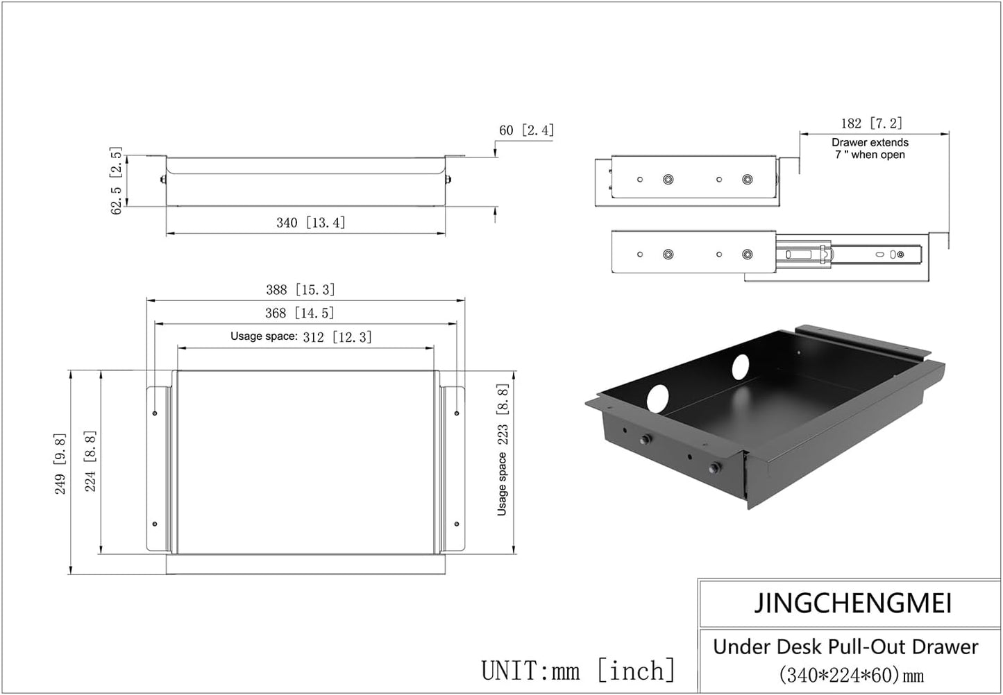 Under Desk Mounted Sliding Pull-out Drawer, W 15.3" x D 8.8" Storage Organizer for Sit Stand Workstation, Metal, Black (Medium)