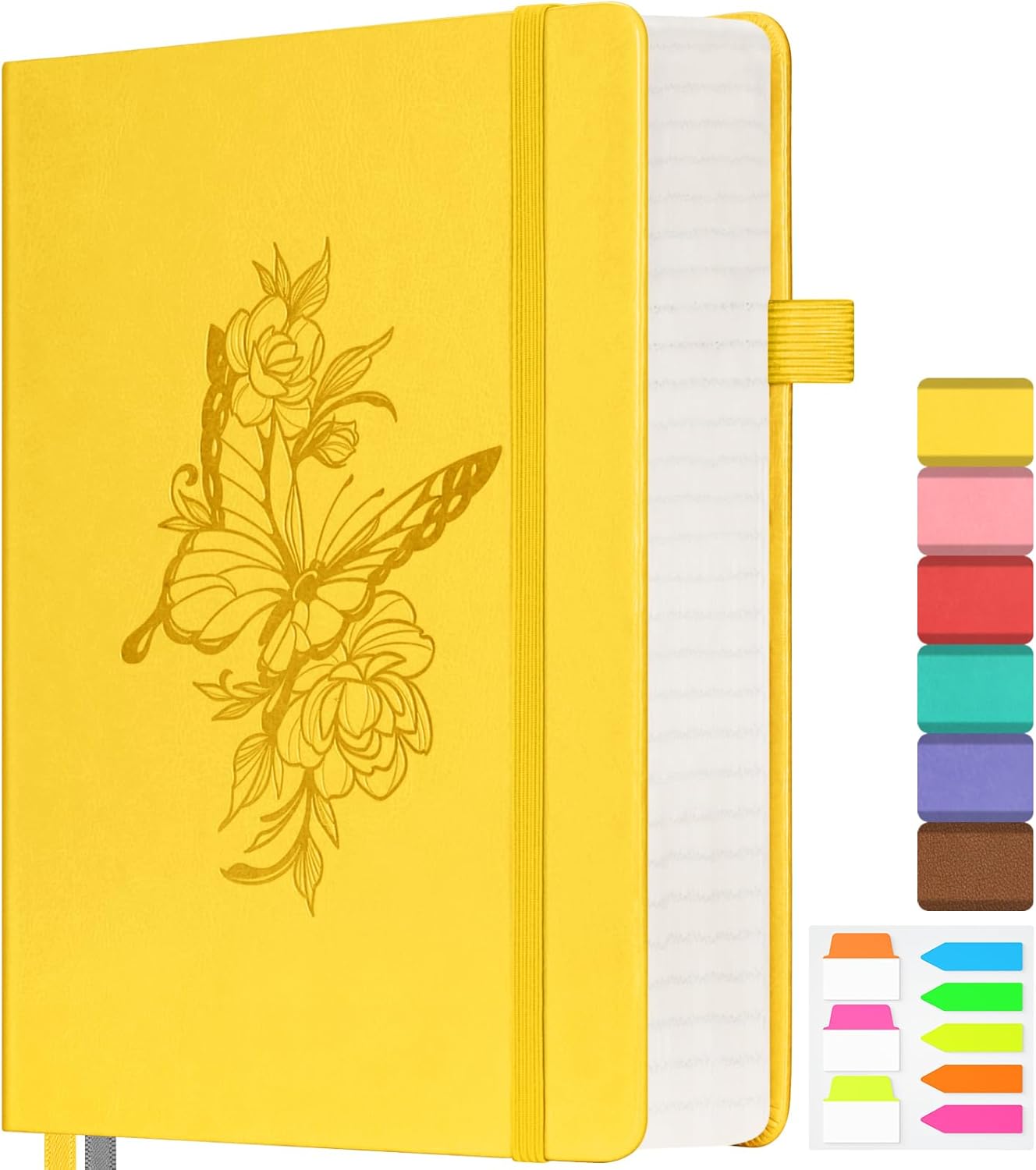 Lined Notebook Journal for Women, 312 Numbered Pages A5 Thick Leather Journal, 100gsm Paper Daily Journal for Work Travel, Hardcover College Ruled Notebook, Giftable Butterfly Floral Notebook, Yellow