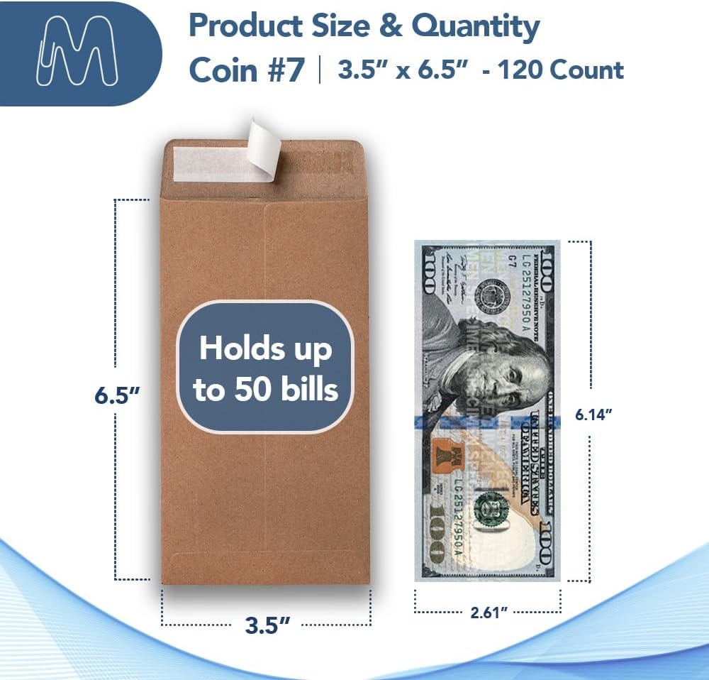 MOS #7 Brown Coin Envelopes 3.5 x 6.5 Inch 120 Pack — Self-Seal Kraft Money Envelopes for Cash, Budgeting, Savings Challenges, Seed Storage, Small Parts
