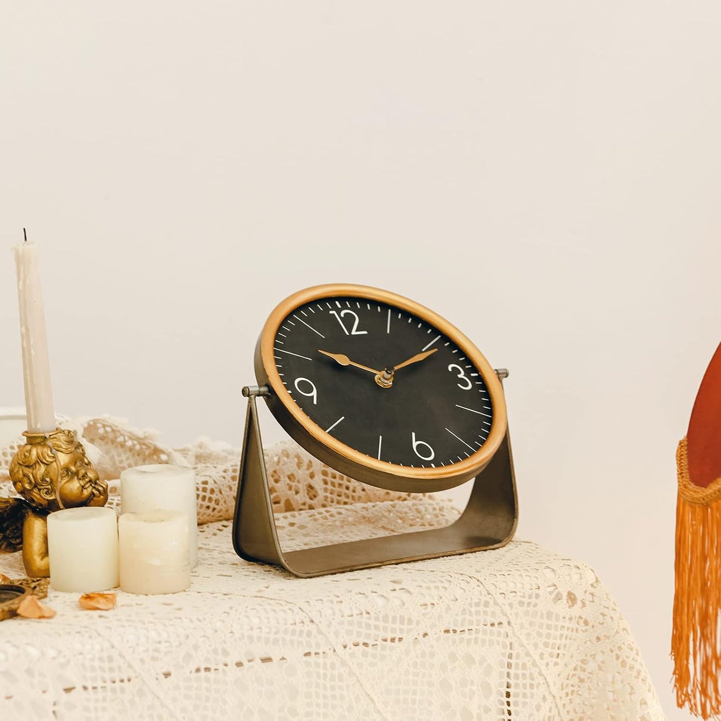 NIKKY HOME Vintage Table Clock, Black Desk Clock on Stand Decorative Desk and Shelf Clocks Metal Tabletop Clock Silent Non-Ticking with Battery Powered for Living Room