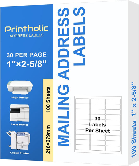 3000 30 Per Sheet Self Adhesive 1" x 2-5/8" Address Shipping Labels for Laser & Inkjet Printers, 100 Sheets, 30 Per Labels Per Page