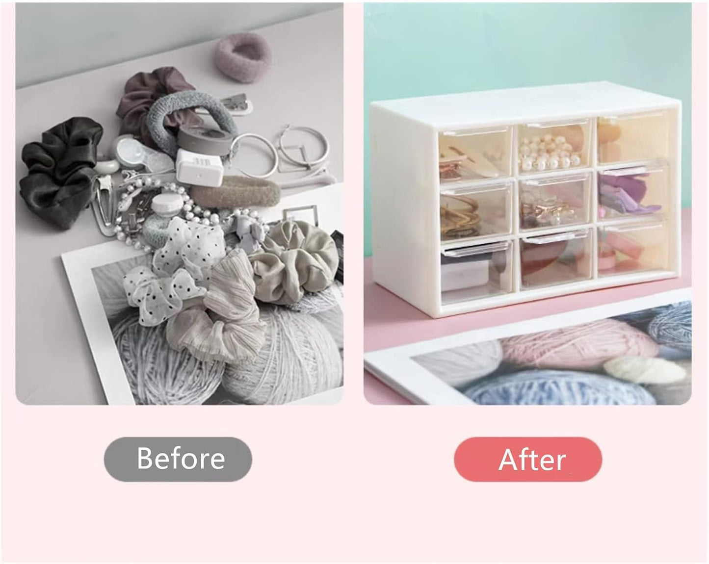 Feadily 2PCS Small Drawer Organizer for Desk, Desktop Drawer Organizer with 9 Clear Drawers, Plastic Desktop Storage Drawers 7.1 Inch x 3 .9 Inch x 4.7 Inch, Rose Red