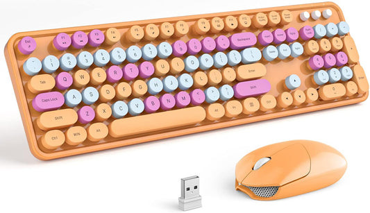 MOFII Wireless Keyboard and Mouse Combo, Orange Retro Keyboard with Round Keycaps, 2.4GHz Dropout-Free Connection, Cute Mouse for PC/Laptop/Mac/Windows XP/7/8/10 (Orange-Colorful)