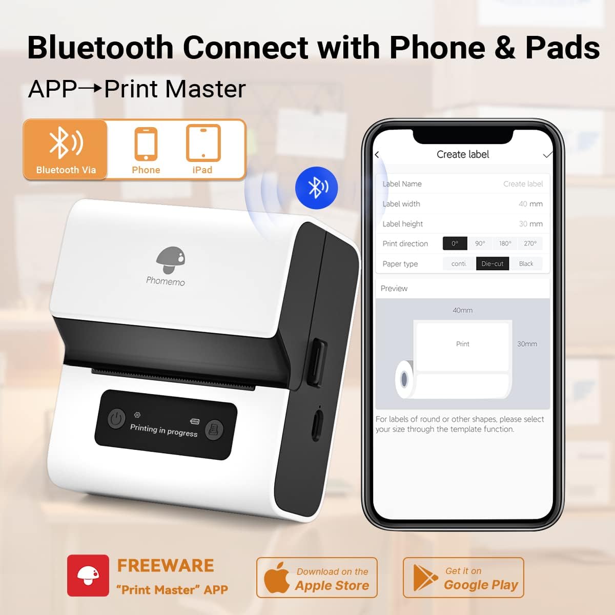 Phomemo Label Maker- M221 Address Label Printer 3’’ Portable Bluetooth Label Maker Machine for Barcode, Address, Logo, Mailing, Stickers, Small Business, Home, Office, White