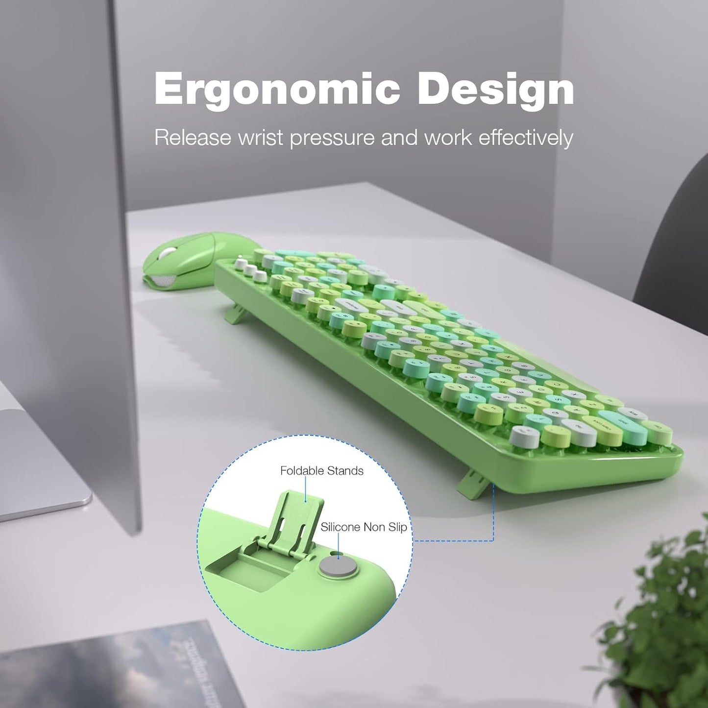 MOFII Wireless Keyboard and Mouse Combo, 2.4Ghz USB Full Size Typewriter Keyboard with Number Pad and Sport Car Mouse for PC Computer Desktop Windows (Green Colorful)