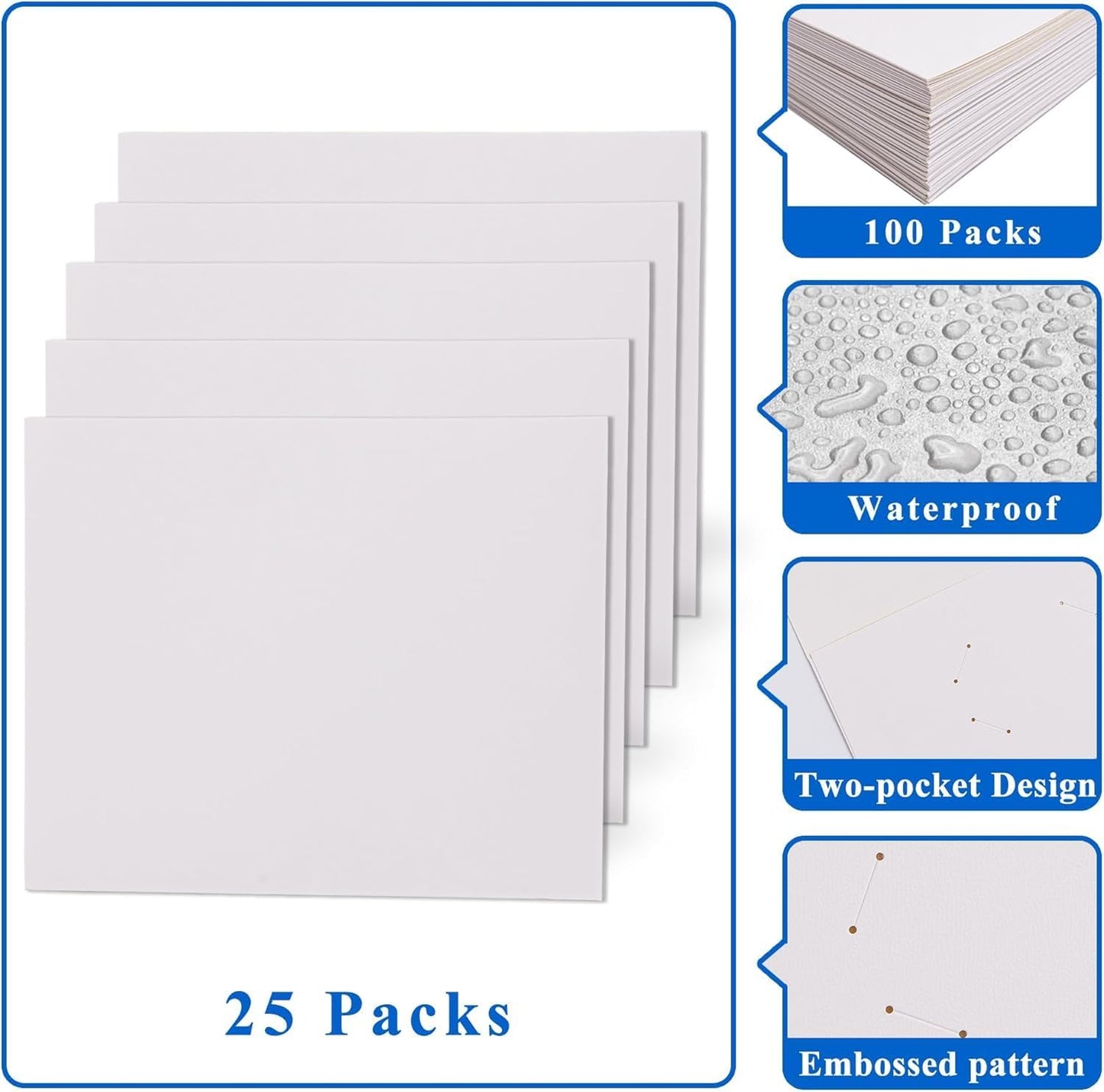 Zzrywuty 100 Packs Two Pocket File Folders with Business Card Slot,Textured Paper,Letter Size,Holds 100 Sheets for School,Office,Business,White