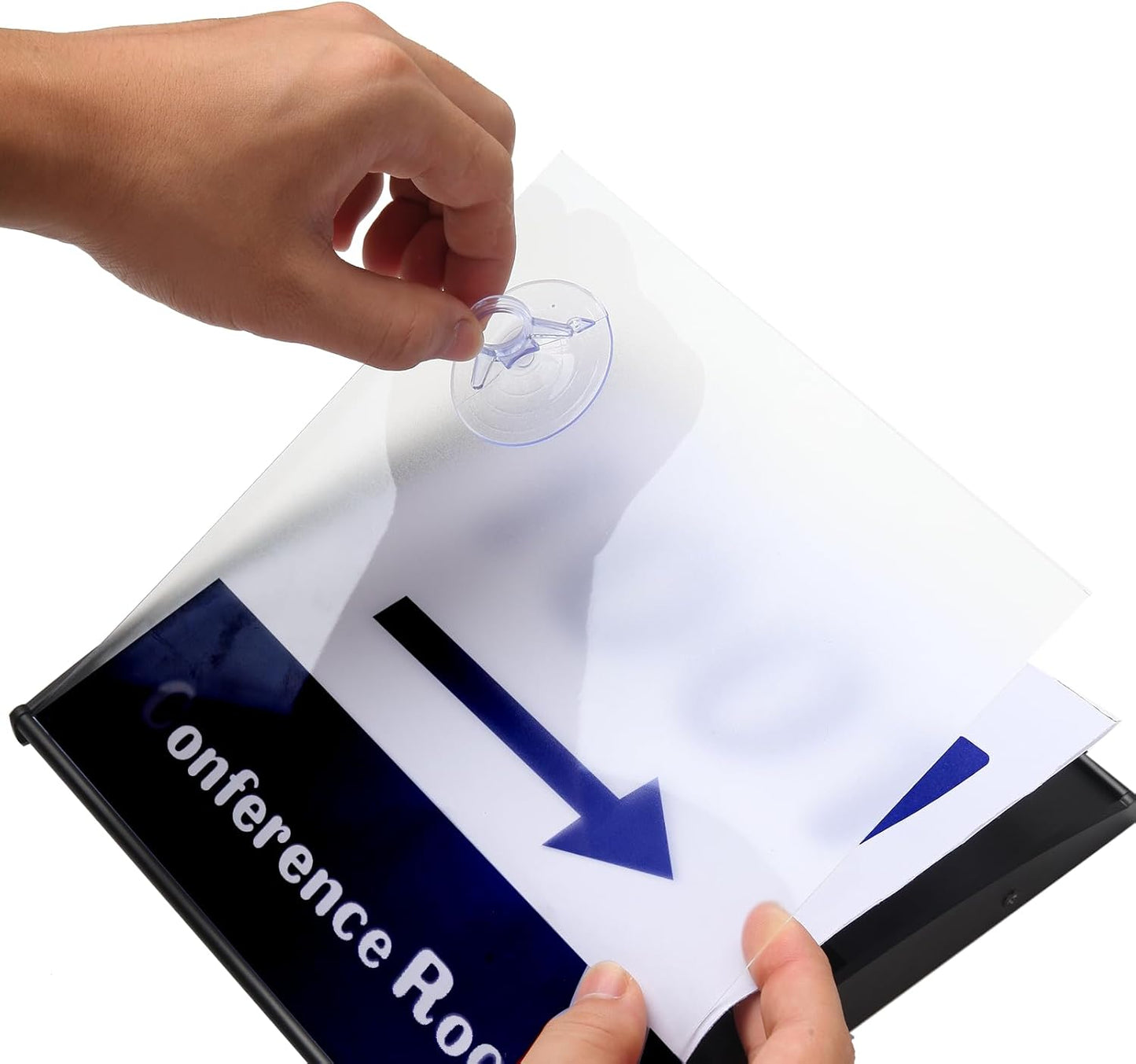 Sturdy Elegant Black Aluminum Wall Mount Name Plate Holder, Office Business Door Curved Sign Holder with Adhesive Tape, 8” X 8” - Plastic Film Included, Paper Inserts NOT Included