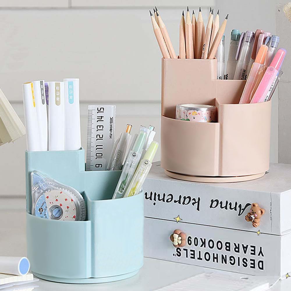 OWLFAVO Desk Pencil Pen Holder, 4 slots 360-Degree Spinning Desk Organizers, Rotating Desktop Storage Stationery Supplies for School, Home, Office, Kitchen, Makeup Brush, Dusty Pink
