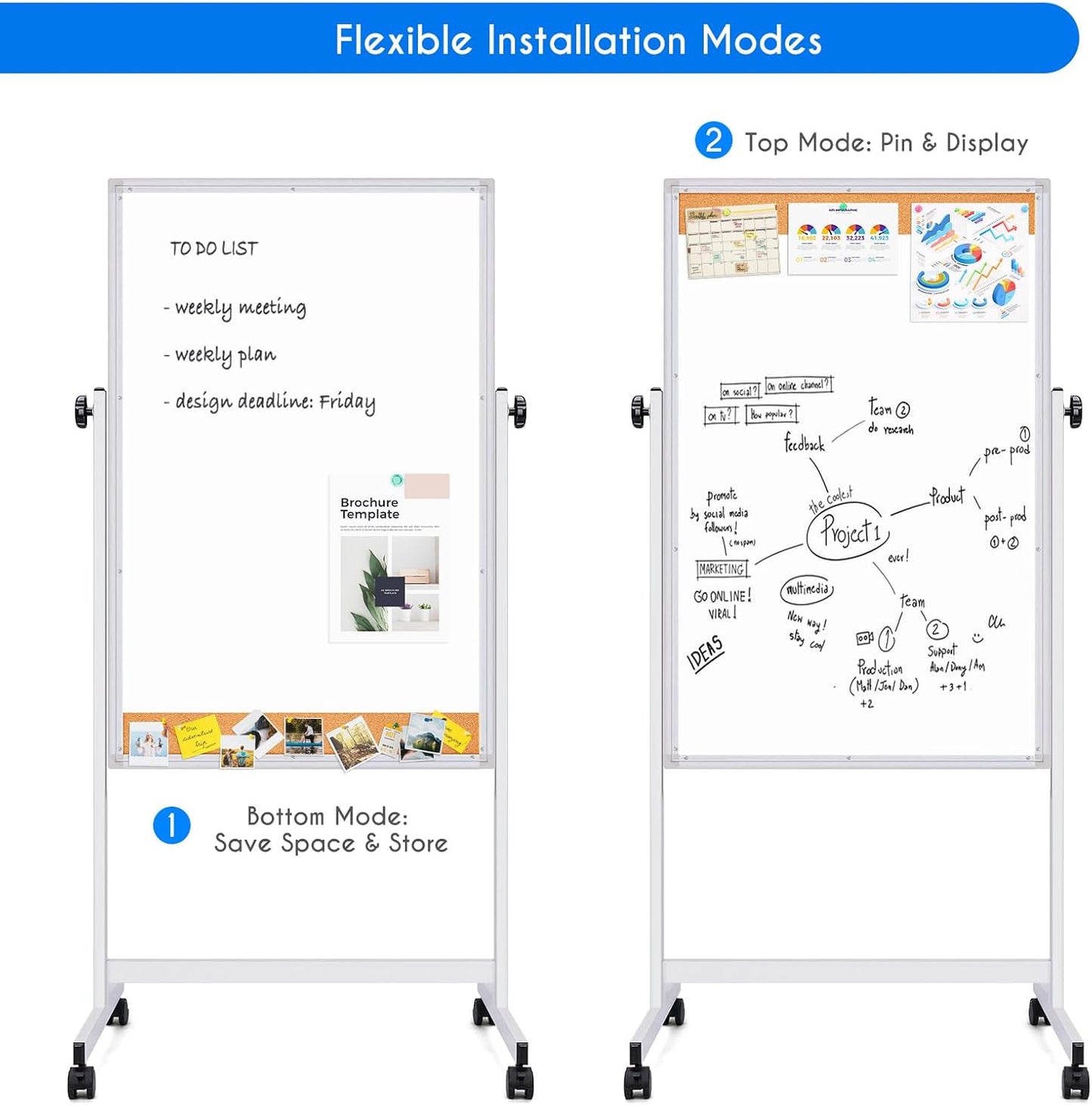 maxtek Rolling White Board, 44x28 Inches Magnetic Cork Board Combo, Portable Double-Sided Dry Erase Board on Wheels, Height Adjutable Easel Board for Home, School, Office
