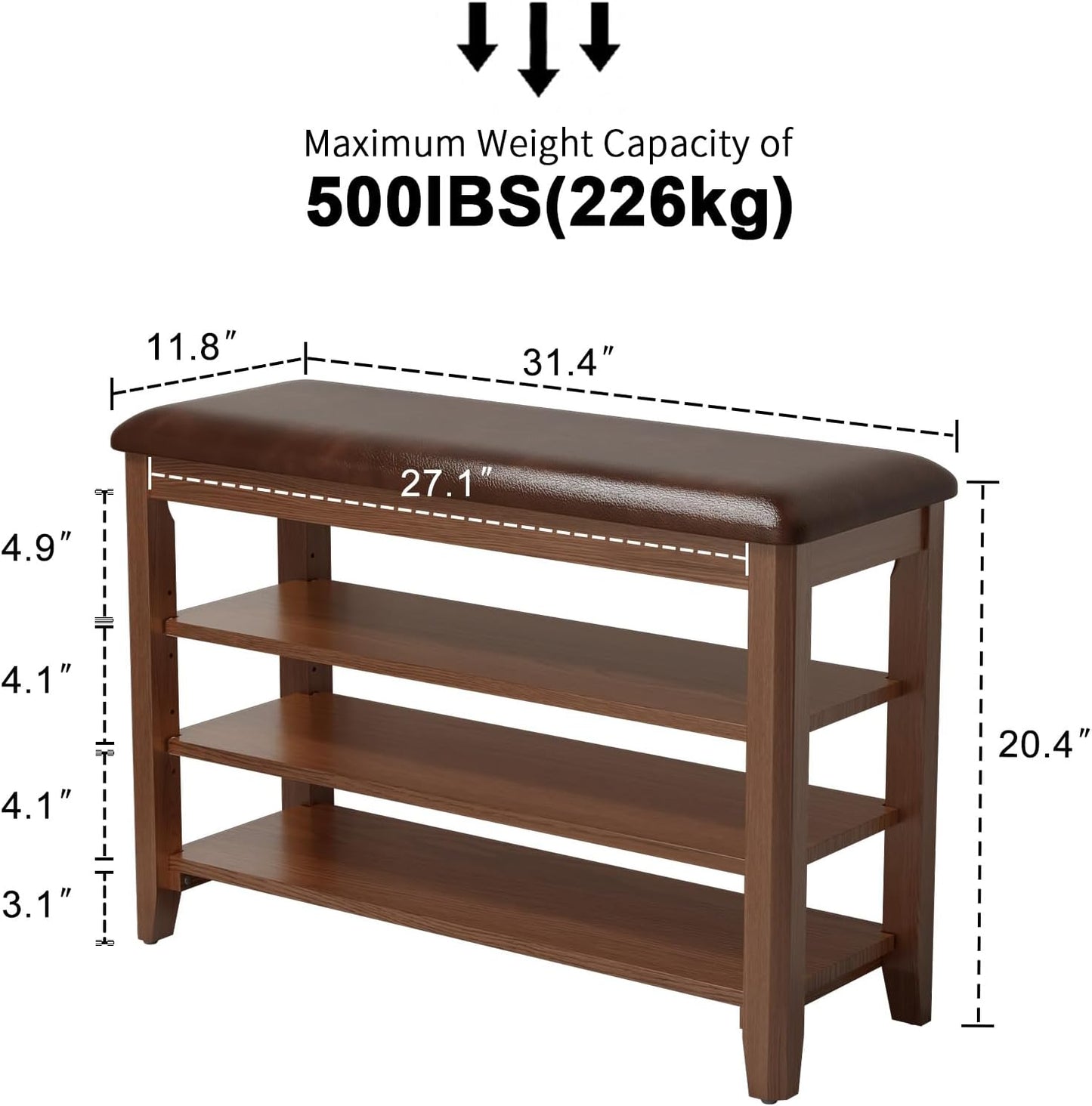 Shoe Bench with Leather Cushion, 3 Tiers Shoe Storage Bench Height Adjustable, Walnut Wood Entryway Bench for Hallway, Mudroom