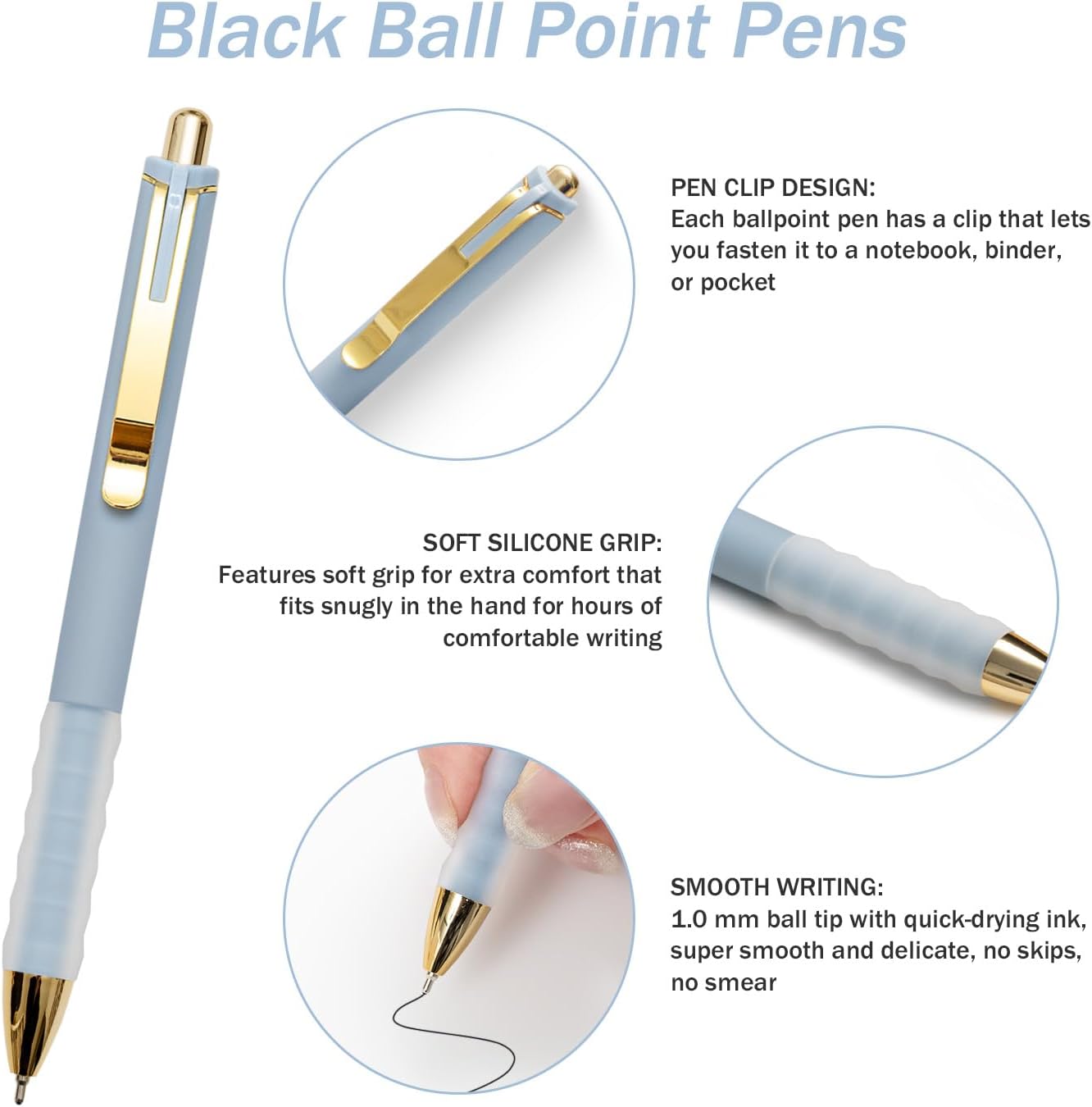 MiSiBao Black Ballpoint Pens 1.0mm Pens Retractable Ball Point Pens Smooth Writing (Metal pen clip, 12-pack)