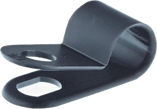 Secure 1/4 Inch Standard R Type UV Black Nylon Screw Mount Cable Clamp for Wire Management - 100 Pack