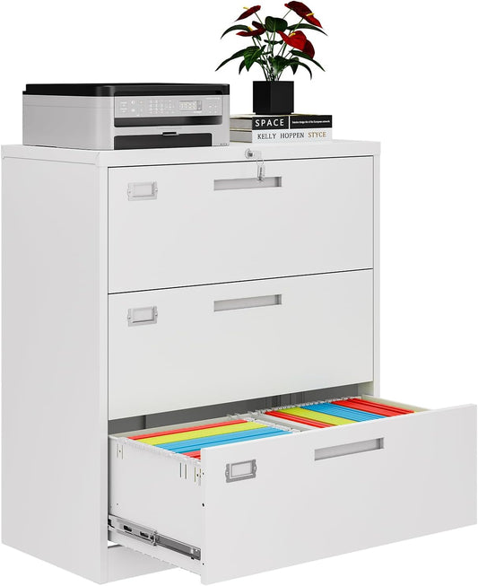 3 Drawer File Cabinets for Home Office, Metal Filing Cabinet with Lock, White Locking File Caninet Three Drawer, Office Storage Caninets Steel Cabnet for Letter/Legal/A4/F4-Assembly Required