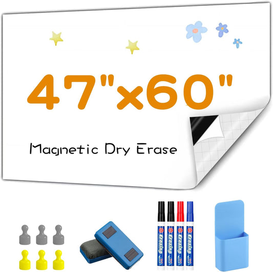 Magnetic Whiteboard Contact Paper, 47" x 60" Stick on Magnetic Dry Erase White Board Sticker on Wall, Easy to Write for Drawing, School, Office, Kitchen Fridge