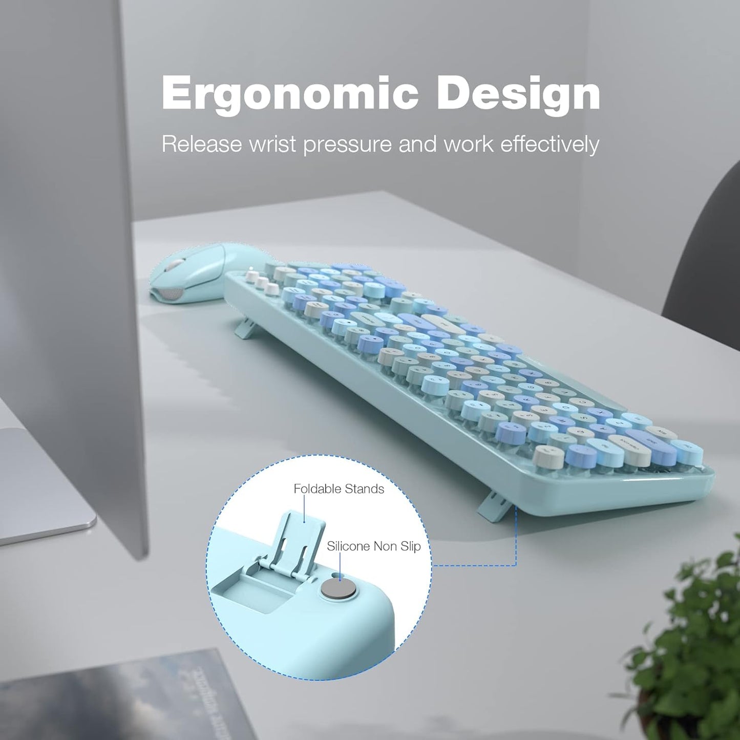 MOFII Wireless Keyboard and Mouse Set, Retro Full Size Typewriter Keyboard with Number Pad and Sport Car Mouse for PC Computer Desktop Laptop Windows (Blue Colorful)