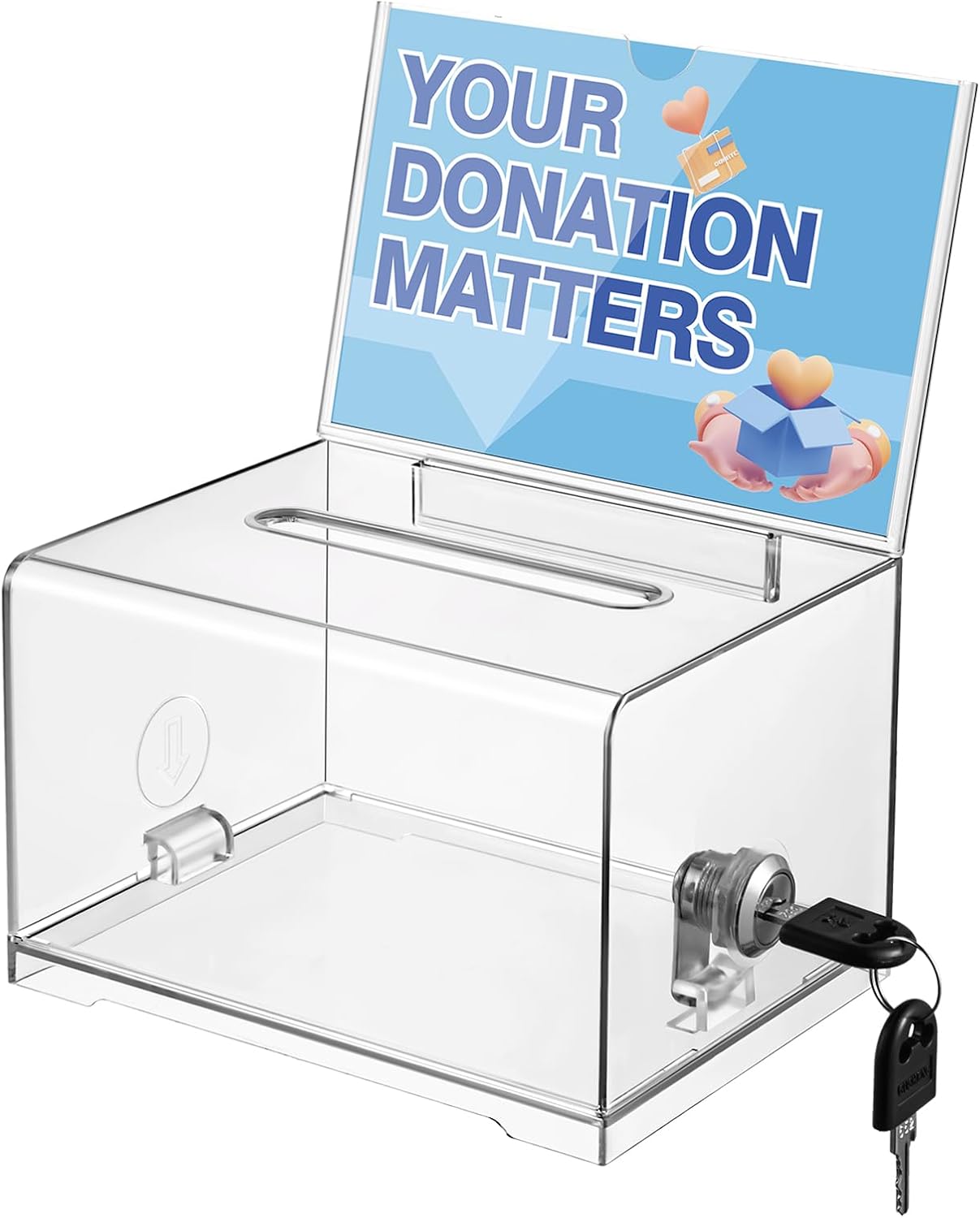 Polmart Clear Donation Box with Lock - Secure Ballot Box with Removable Sign Holder 2 Keys - for Money, Cards, Votes, Tickets, Feedback Collection (4.75"D x 6.29"W x 8"H)