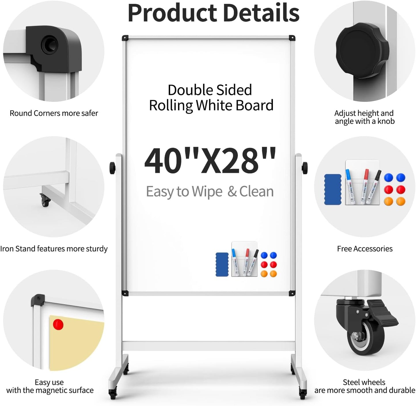 40x28 Inches Mobile Whiteboard, Double Sided Magnetic Dry Erase Board Height Adjustable Whiteboard with Stand for Home Office Classroom