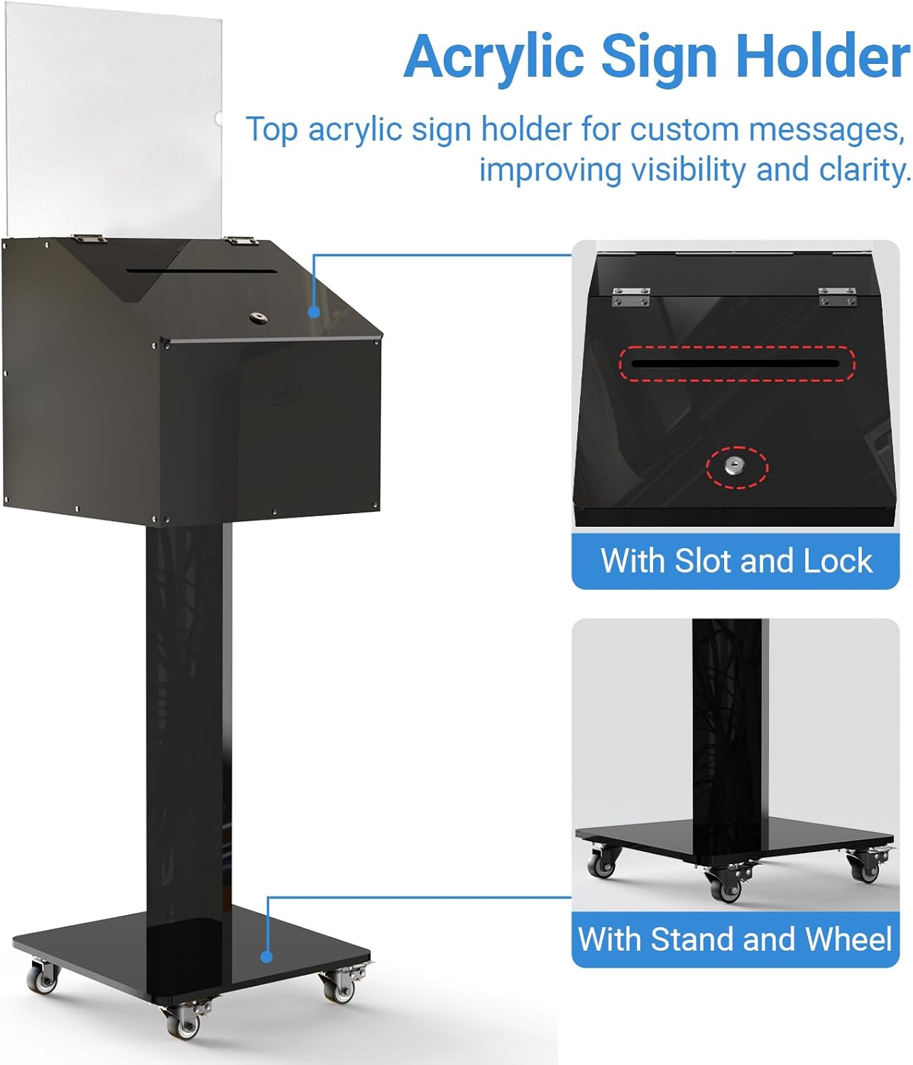 GARVIN Acrylic Suggestion Box with Lock and Key for Voting, Charity, Church & Event Fundraising, Collection Offering/Raffle Ballot Box with Sign Holder Display Stand, Locking Casters, Black